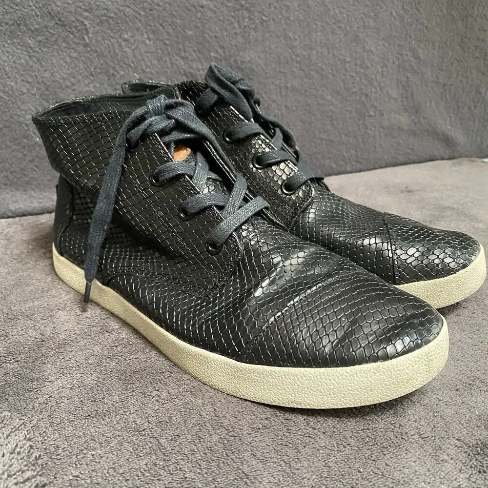 TOMS Black Leather Snakeskin High Top Sneakers Women's Size 8 Lace Up Booties 8M